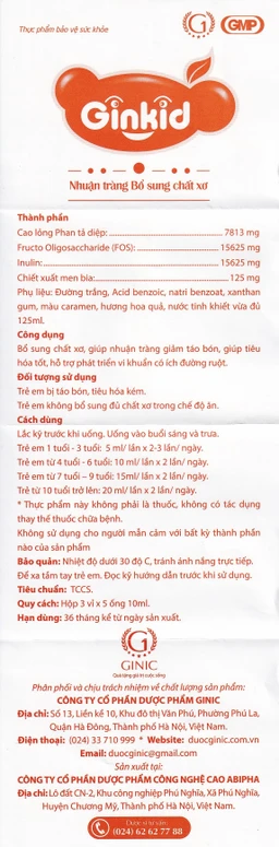 Siro Ginkid nhuận tràng bổ sung chất xơ giúp tiêu hóa tốt, giảm táo bón (3 vỉ x 5 ống x 10ml)