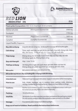 Dầu gió lăn Red Lion Medicated Oil White Agimexpharm hương Lavender & Eucalyptus giúp giảm đau, ngừa côn trùng (10ml)