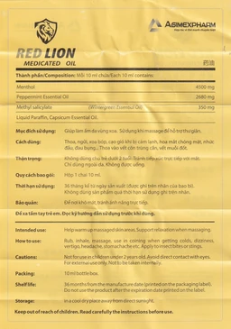 Dầu gió lăn Red Lion Medicated Oil Yellow Agimexpharm Peppermint Clove Bud (10ml)