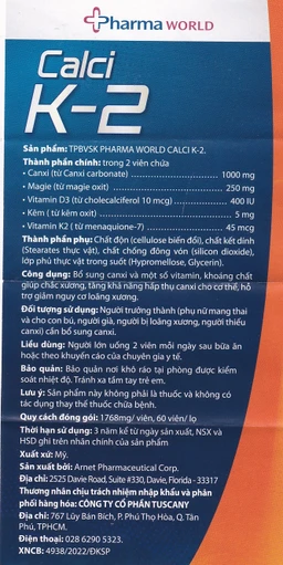 Viên uống bổ sung canxi, hỗ trợ giảm nguy cơ loãng xương Calci K-2 Pharma World (60 viên)