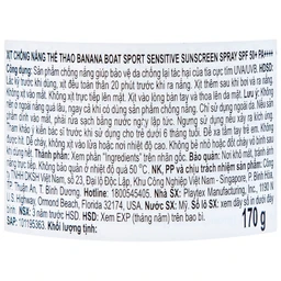 Xịt chống nắng thể thao Banana Boat Sport Sensitive SPF50+ PA++++ bảo vệ da toàn diện khỏi tia UV, phù hợp da nhạy cảm, chống trôi hiệu quả (170g)