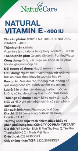 Viên uống giúp làm đẹp da, cải thiện sức khỏe da Natural Vitamin E 400 IU NatureCare (60 viên)