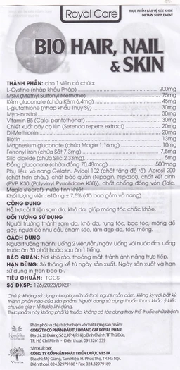 Viên uống hỗ trợ cải thiện sạm da, khô da, móng tóc chắc khoẻ Bio Hair, Nail & Skin Royal Care (30 viên)