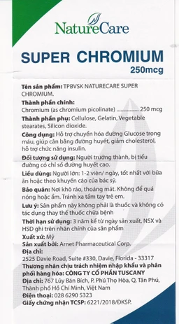 Viên uống giúp cân bằng đường huyết, giảm cholesterol Super Chromium 250mcg NatureCare (90 viên)