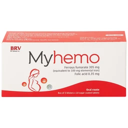 Thuốc Myhemo BRV điều trị dự phòng thiếu sắt và folic acid trong khi mang thai (3 vỉ x 10 viên)