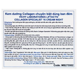 Kem bôi Vichy Liftactiv Collagen Specialist Night dưỡng sáng, ngừa lão hóa (50ml)