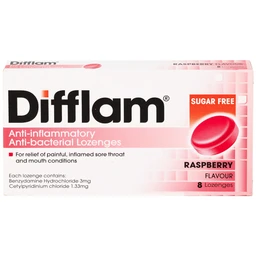 Viên ngậm kháng viêm Difflam vị quả mâm xôi Unique Pharma hỗ trợ điều trị viêm amidan, đau họng (1 vỉ x 8 viên)