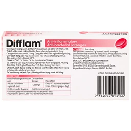 Viên ngậm kháng viêm Difflam vị quả mâm xôi Unique Pharma hỗ trợ điều trị viêm amidan, đau họng (1 vỉ x 8 viên)