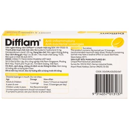 Viên ngậm kháng viêm Difflam vị chanh Unique Pharma hỗ trợ điều trị viêm amidan, đau họng (1 vỉ x 8 viên)