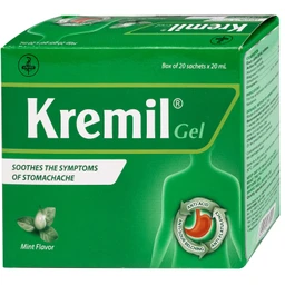 Thuốc Kremil Gel Bạc Hà United làm giảm các triệu chứng như khó tiêu, ợ nóng, đầy hơi (20 gói x 20ml)