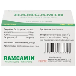 Thuốc Ramcamin Medisun hỗ trợ điều trị tuần hoàn não, suy giảm trí nhớ (6 vỉ x 10 viên)