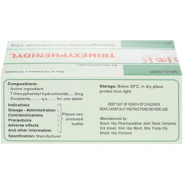 Thuốc Trihexyphenidyl 2mg Khánh Hòa điều trị phụ trợ hội chứng Parkinson (10 vỉ x 10 viên)