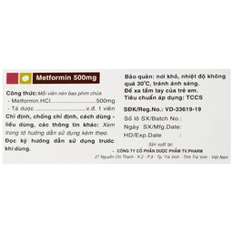 Thuốc Metformin 500mg TV Pharm điều trị đái tháo đường (10 vỉ x 10 viên)