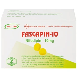 Thuốc Fascapin-10 Nifedipin Trung Ương 2 dự phòng đau thắt ngực, cao huyết áp (10 vỉ x 10 viên)