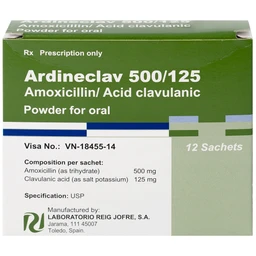 Bột pha hỗn dịch uống Ardineclav 500/125 Laboratorio Reig Jofre điều trị ngắn ngày nhiễm khuẩn (12 gói)