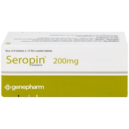 Thuốc Seropin 200mg Genepharm điều trị tâm thần phân liệt, hưng cảm lưỡng cực, trầm cảm lưỡng cực (6 vỉ x 10 viên)