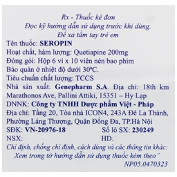 Thuốc Seropin 200mg Genepharm điều trị tâm thần phân liệt, hưng cảm lưỡng cực, trầm cảm lưỡng cực (6 vỉ x 10 viên)