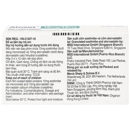 Thuốc Atozet 10mg/10mg MSD điều trị rối loạn mỡ máu, phòng ngừa các bệnh tim mạch (3 vỉ x 10 viên)