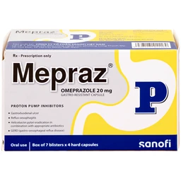 Viên nang cứng Mepraz 20mg Sanofi điều trị loét dạ dày tá tràng, viêm thực quản trào ngược (7 vỉ x 4 viên)