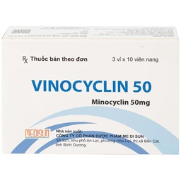 Thuốc Vinocyclin 50 Medisun điều trị mụn trứng cá, nhiễm trùng đường hô hấp (3 vỉ x 10 viên)