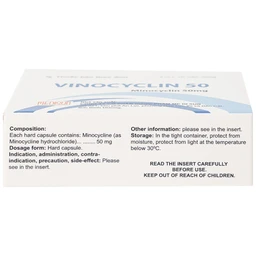 Thuốc Vinocyclin 50 Medisun điều trị mụn trứng cá, nhiễm trùng đường hô hấp (3 vỉ x 10 viên)