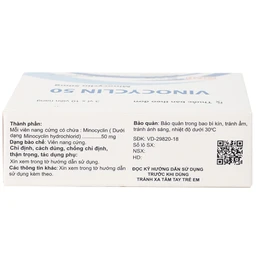Thuốc Vinocyclin 50 Medisun điều trị mụn trứng cá, nhiễm trùng đường hô hấp (3 vỉ x 10 viên)
