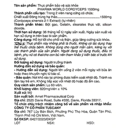 Viên uống Đông Trùng Hạ Thảo giúp tăng cường sức khỏe Cordyceps 1500mg Pharma World (60 viên)