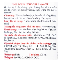 Gel rửa mặt dưỡng ẩm dành cho da khô và da nhạy cảm SVR Topialyse Gel Lavant 200ml