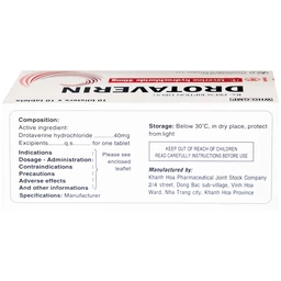Thuốc Drotaverin 40mg Khapharco điều trị cơn co thắt dạ dày và ruột, hội chứng ruột bị kích thích (10 vỉ x 10 viên)