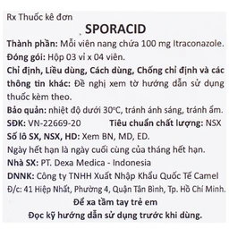 Thuốc Sporacid Itraconazole 100mg Dexa điều trị nấm candida âm hộ, âm đạo (3 vỉ x 4 viên)