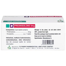 Thuốc Prednisolone 5mg TV.Pharm chống viêm, chống dị ứng và ức chế miễn dịch (10 vỉ x 20 viên)