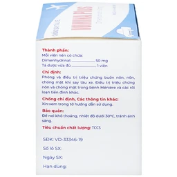 Thuốc Vomina Plus 50mg Medipharco phòng và điều trị triệu chứng buồn nôn, chóng mặt khi say tàu xe (25 vỉ x 4 viên)