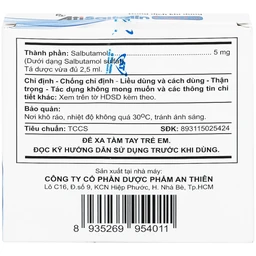 Dung dịch khí dung AtiSaltolin 5mg/2,5ml An Thiên điều trị chứng co thắt phế quản (1 vỉ x 5 ống)