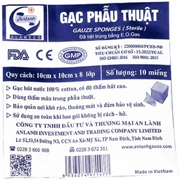 Gạc phẫu thuật An Lành 10x10cm x 8 lớp (10 miếng) dùng thấm máu trong phẫu thuật