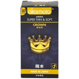 Bao cao su Okamoto Crown kích cỡ nhỏ, siêu mỏng, mềm mại dùng để phòng tránh thai và ngăn ngừa HIV (10 cái)