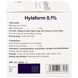 Thuốc nhỏ mắt Hylaform 0,1% CPC1HN điều trị triệu chứng khô mắt, rối loạn biểu mô giác mạc (4 vỉ x 5 ống)