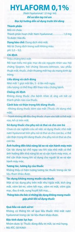 Thuốc nhỏ mắt Hylaform 0,1% CPC1HN điều trị triệu chứng khô mắt, rối loạn biểu mô giác mạc (4 vỉ x 5 ống)