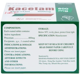 Viên nén Kacetam 800mg Khapharco điều trị rung giật cơ có nguồn gốc vỏ não, thiếu máu não (10 vỉ x 10 viên)