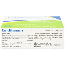 Thuốc Caldihasan 1250mg/125IU Hasan phòng và điều trị thiếu hụt vitamin D, canxi (3 vỉ x 10 viên)