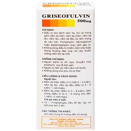 Thuốc Griseofulvin 500mg Vidipha điều trị các bệnh nấm da, tóc, lông, móng tay, móng chân (2 vỉ x 10 viên)