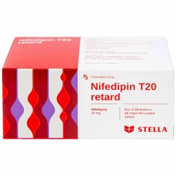 Viên nén Nifedipin T20 retard Stella dự phòng đau thắt ngực, điều trị tăng huyết áp (10 vỉ x 10 viên) 