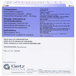Thuốc Atasart-H 16mg/12.5mg Getz điều trị tăng huyết áp (4 vỉ x 7 viên)