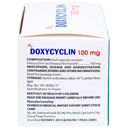 Thuốc Doxycyclin 100mg Domesco điều trị nhiễm khuẩn (10 vỉ x 10 viên)
