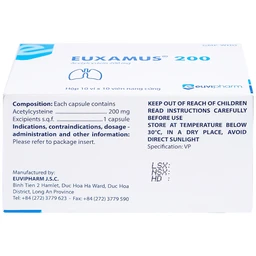 Thuốc Euxamus 200mg Euvipharm tiêu chất nhầy trong bệnh nhầy nhớt (10 vỉ x 10 viên)