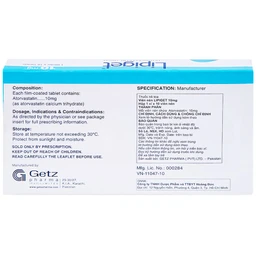 Viên nén Lipiget 10mg Getz hỗ trợ chế độ ăn kiêng trong giảm cholesterol toàn phần (1 vỉ x 10 viên)