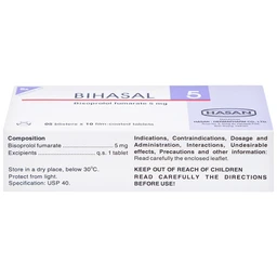 Thuốc Bihasal 5mg Hasan điều trị tăng huyết áp, đau thắt ngực, suy tim mạn tính ổn định (5 vỉ x 10 viên)