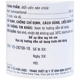 Thuốc Natri Bicarbonat 500mg Bidiphar điều trị nhiễm toan chuyển hóa, khó tiêu hóa, ợ nóng (160 viên)