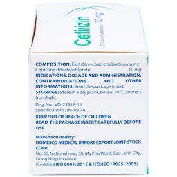 Thuốc Cetirizin 10mg Domesco điều trị viêm mũi dị ứng, mày đay (10 vỉ x 10 viên)
