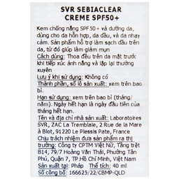 Kem chống nắng SVR Sebiaclear Creme SPF50+ dưỡng da dùng cho da hỗn hợp, da dầu và da nhạy cảm (40ml)