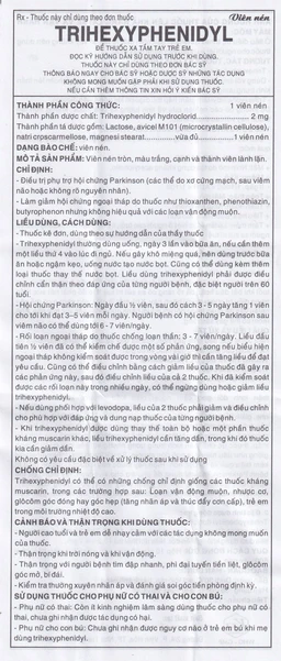 Thuốc Trihexyphenidyl 2mg Khánh Hòa điều trị phụ trợ hội chứng Parkinson (10 vỉ x 10 viên)